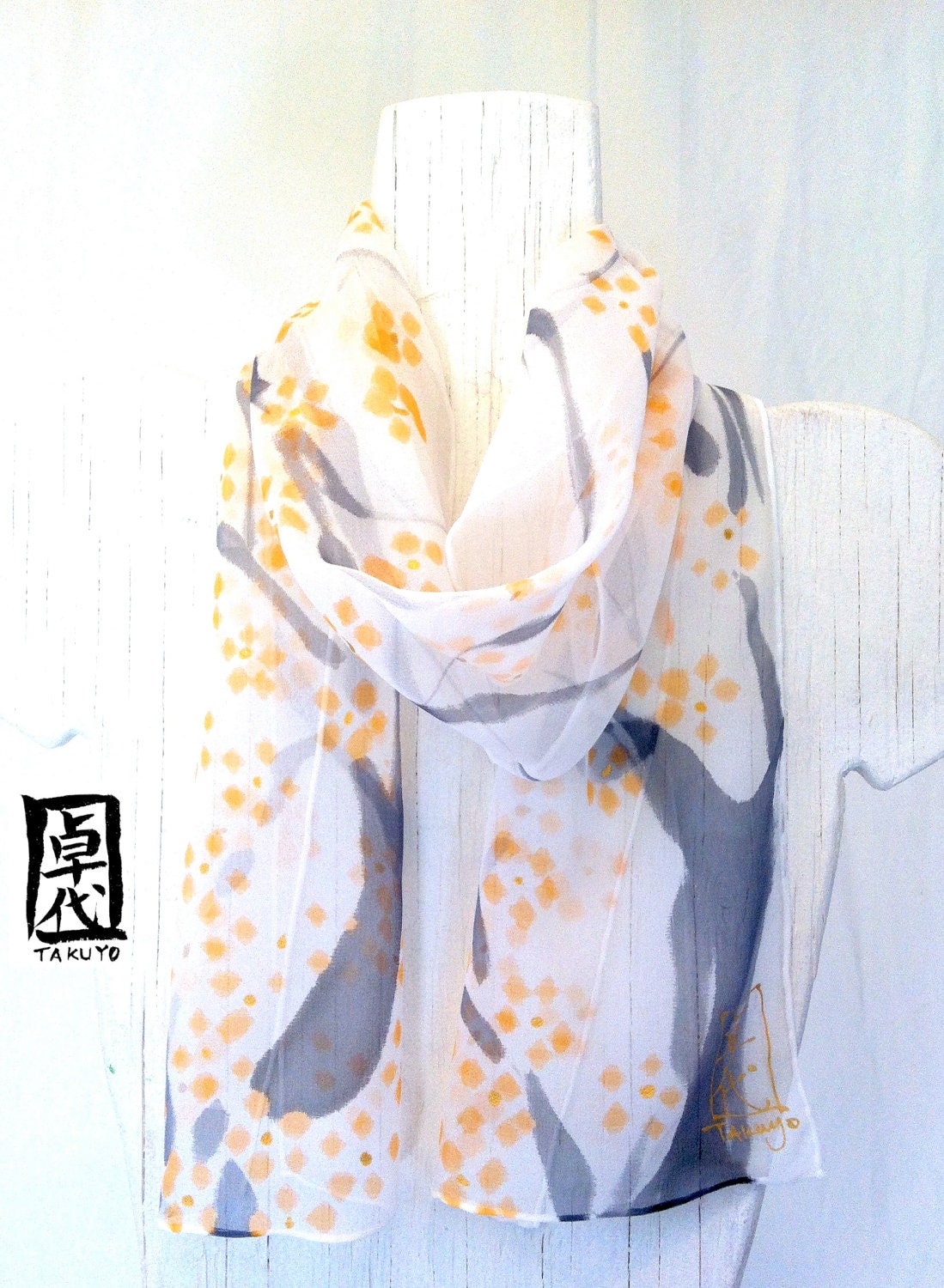 Handpainted silk scarf. Floral Silk Scarf. Japanese Light Orange Plum Blossom Silk Scarf. Mothers day gifts. Silk Scarves Takuyo. 7x50 in.
