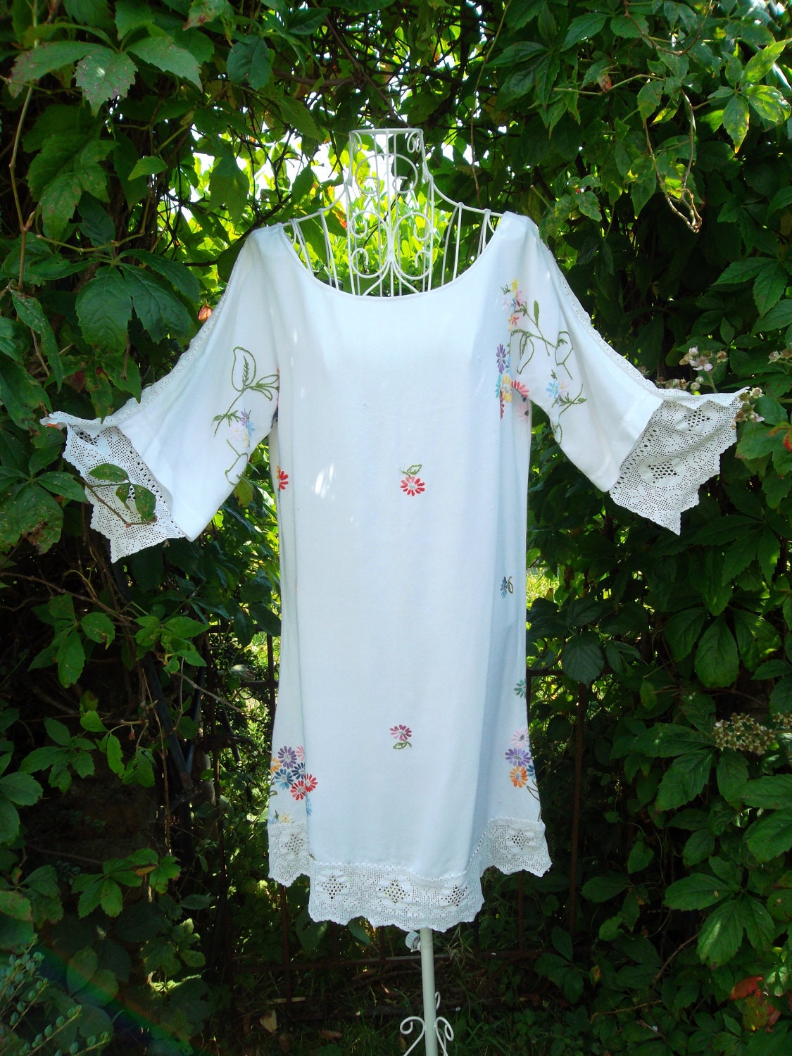 One off Hand made Vintage antique 30s 70s CROCHET lace angel sleeve cut out embroidered kaftan dress M