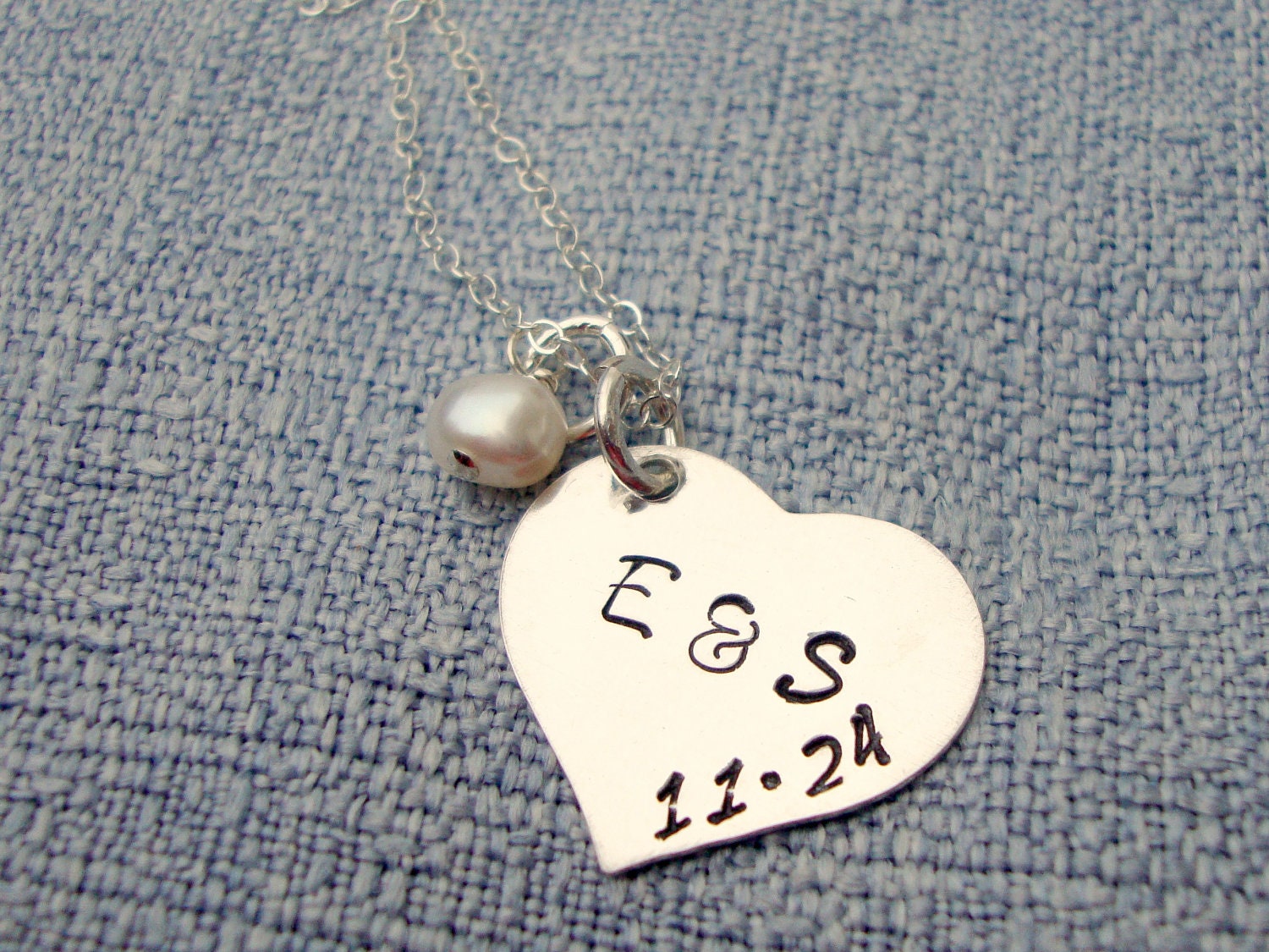 Personalized Initial Necklace - Wedding Date Necklace - Heart Necklace - Hand Stamped Necklace - Gift for Mom