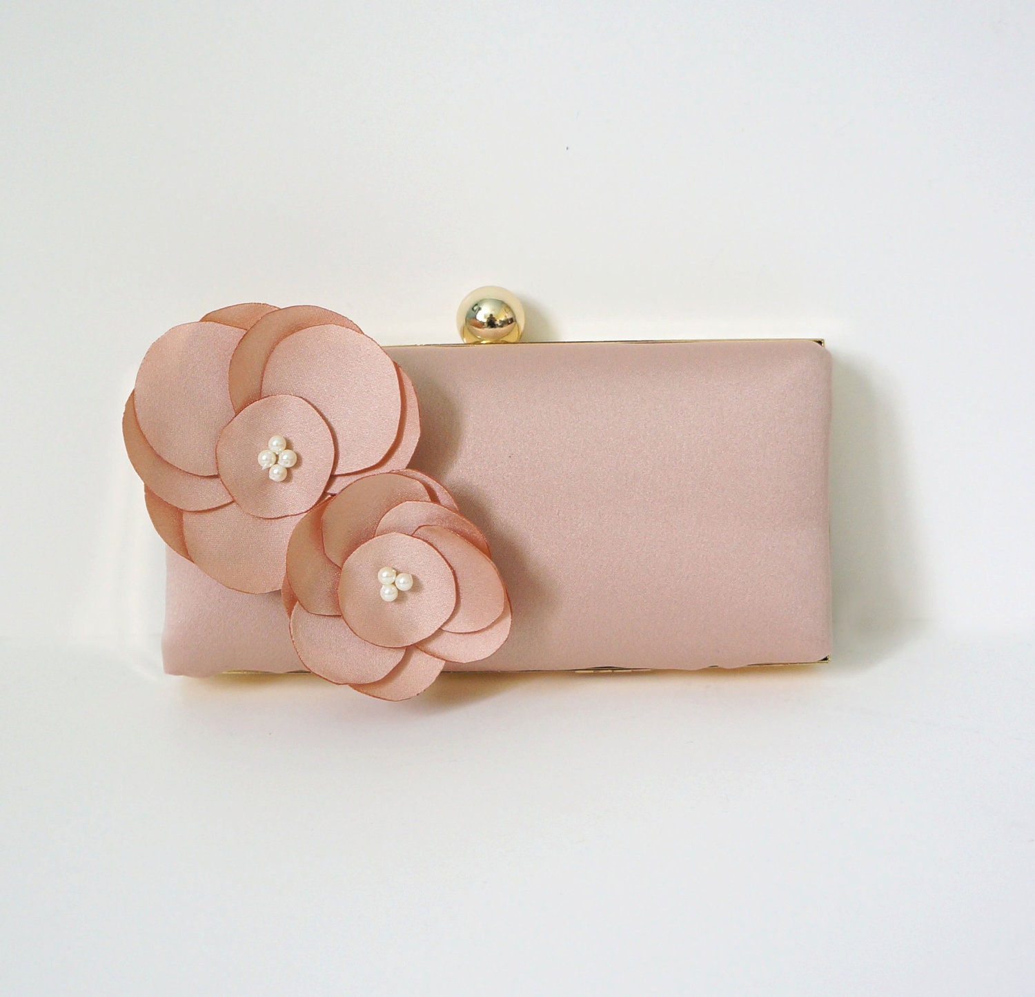 Romantic Clutch Purse with Handmade Flower Adornment and Pearls- Blush
