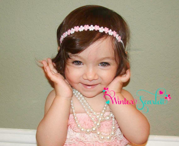 Baby Headbands..Newborn Headband..Infant headband..Baby Flower Headband...Itty bitty pink & white hippie flower headband