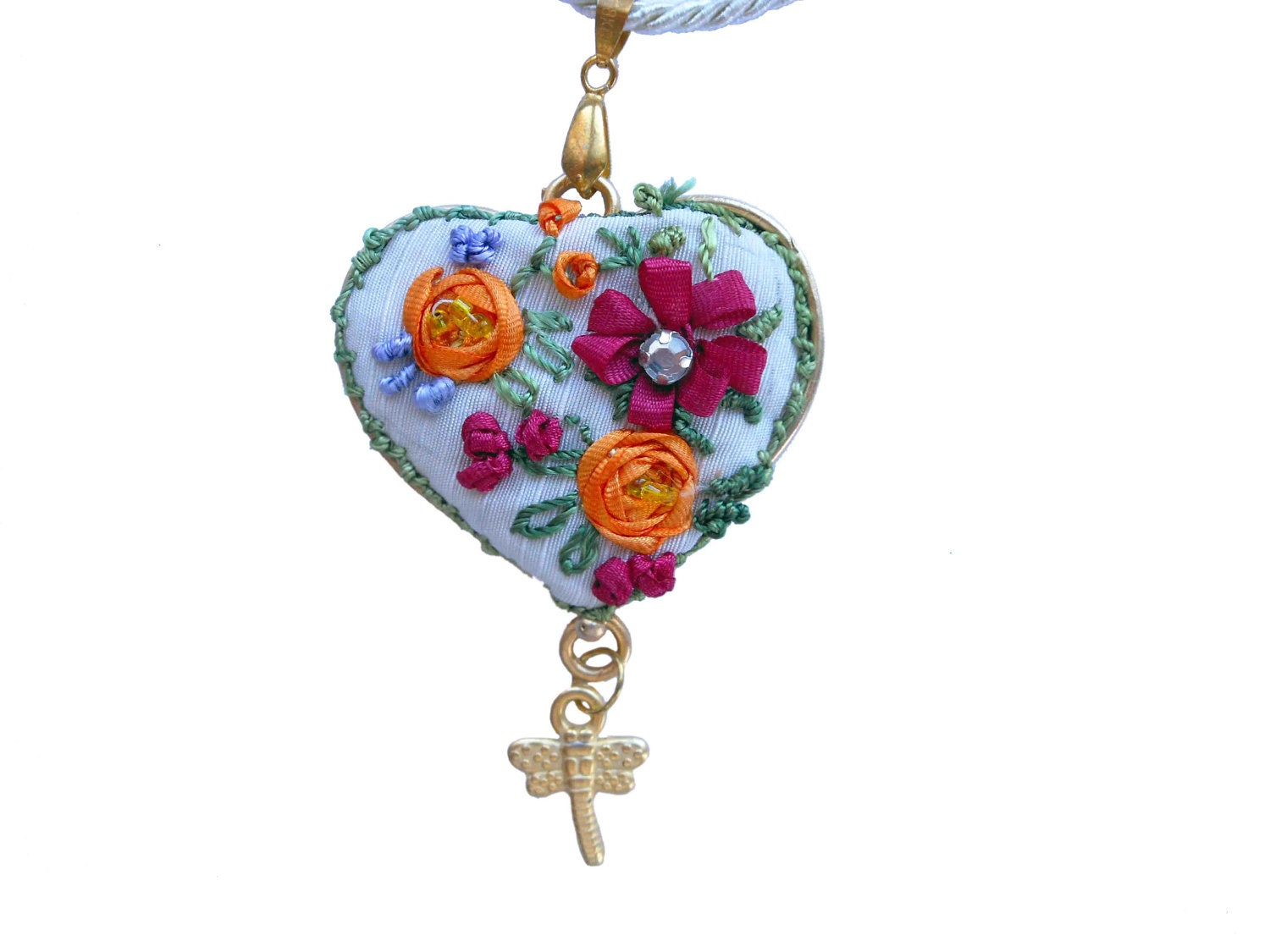 Ribbon Embroidered Heart Shaped Pendant Necklace
