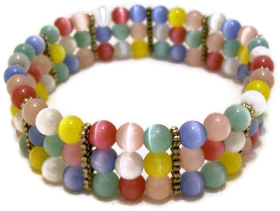 Beaded Cuff Bracelet Pastel Colored Cats Eye Jewelry