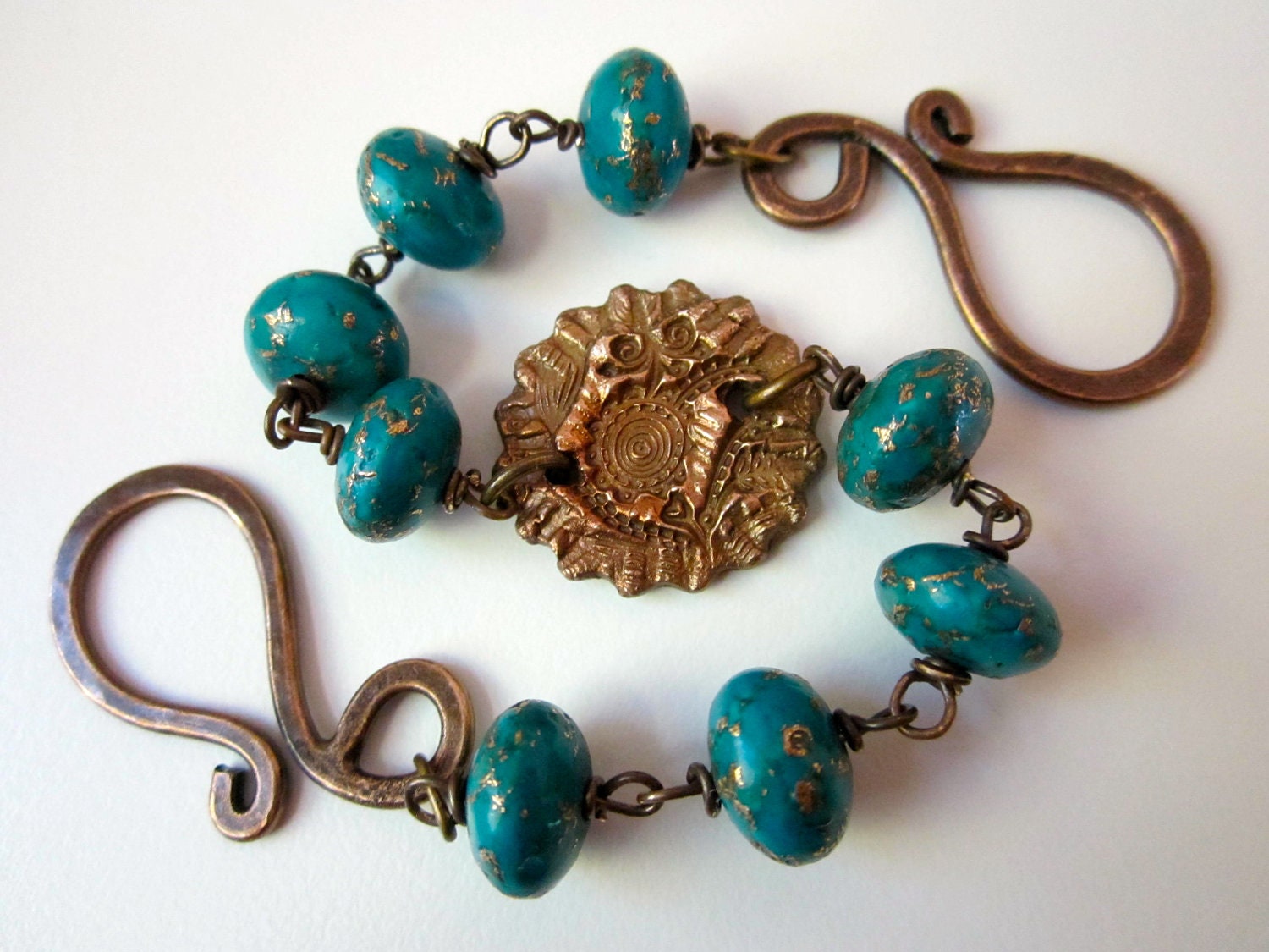Scheherazade - ancient bronze handmade ethnic talisman, vibrant bold teal & gold infused turquoise stones, and antiqued bronze bracelet