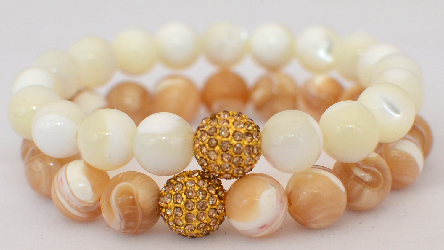 Mother of Pearl Semi Precious Gemstone Beaded Bracelets with Topaz Pave Rhinestones - Set of 2