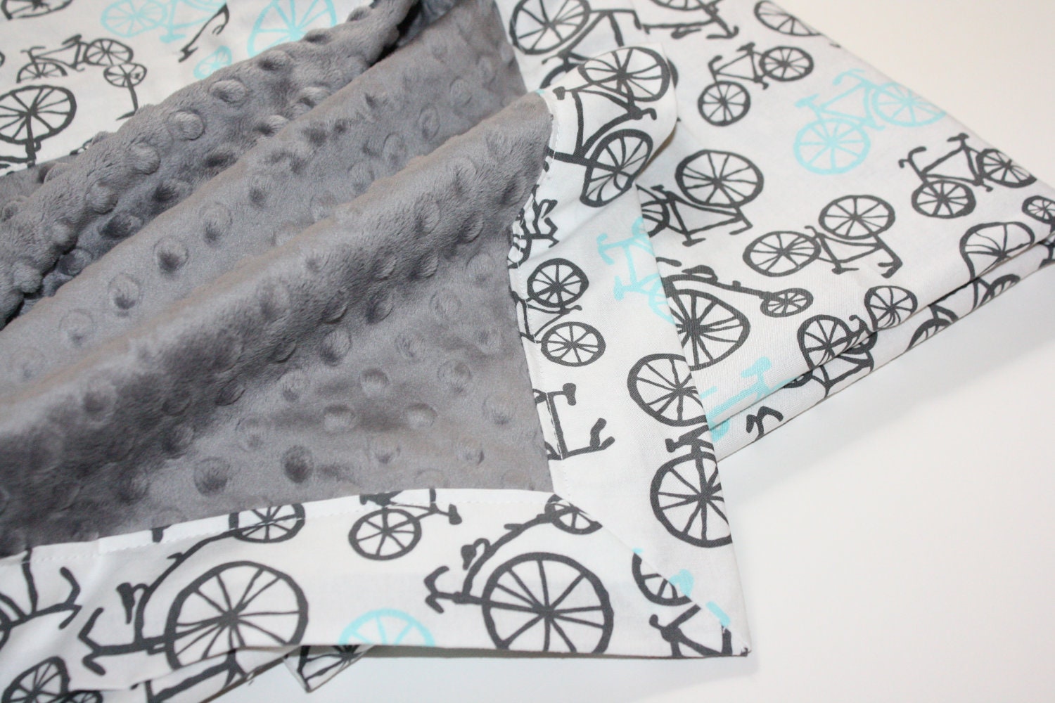 Minky Baby Blanket - Blue and Gray Bicycles with Charcoal or Tiffany Blue Dot Minky  (30 X 32)