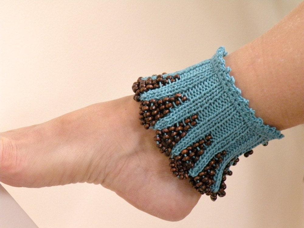Hand Knit Teal, Blue, Turquoise Spats with Brown Wooden Beaded