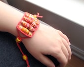 Pink Coral Yellow Mustard Handmade Fiber Bead Bracelet, Fabric Jewelry, Paper Bead Cuff