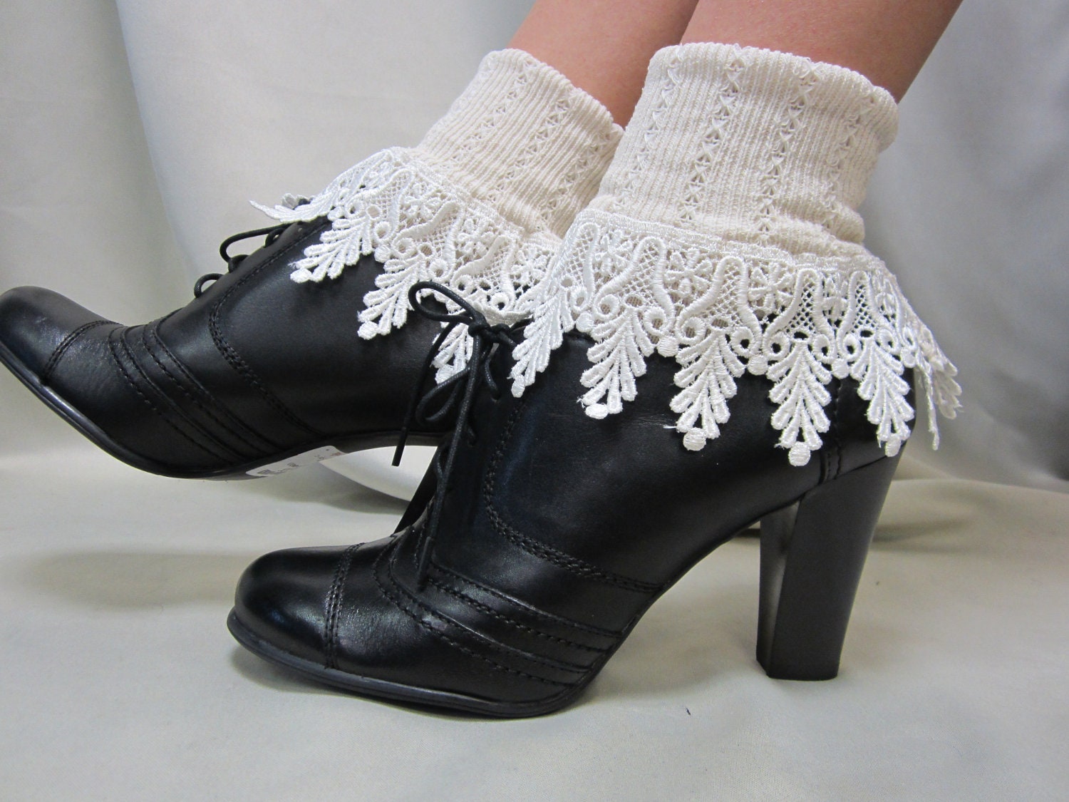 My Signature Lace Sock -  Long venise IVORY lace cuff sock  women - Catherine Cole Studio - Victorian lace boot socks MADE IN U S A (SLC2)