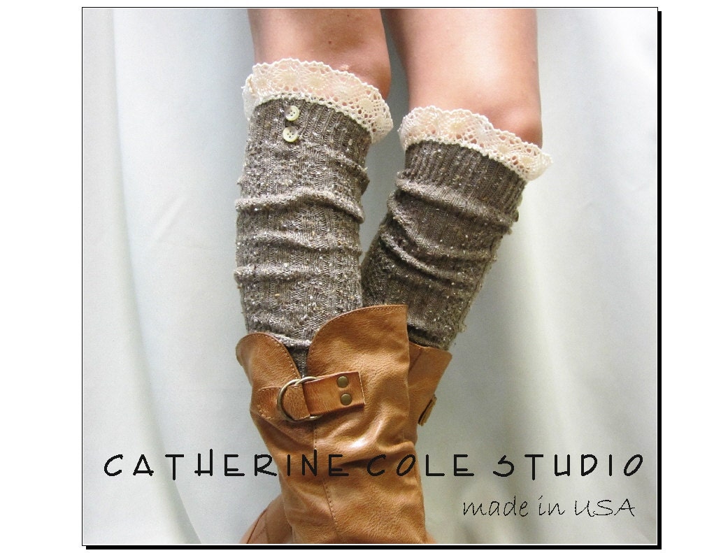 BROWN Nordic Lace Boot Sock -Something special for your tall boots tweed cable knit long over the knee socks w/ 2 buttons, Catherine Cole