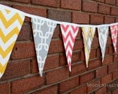 Fabric Bunting Banner- Yellow, Grey, and Coral Pennant Flags- Party Decoration or Photo Prop