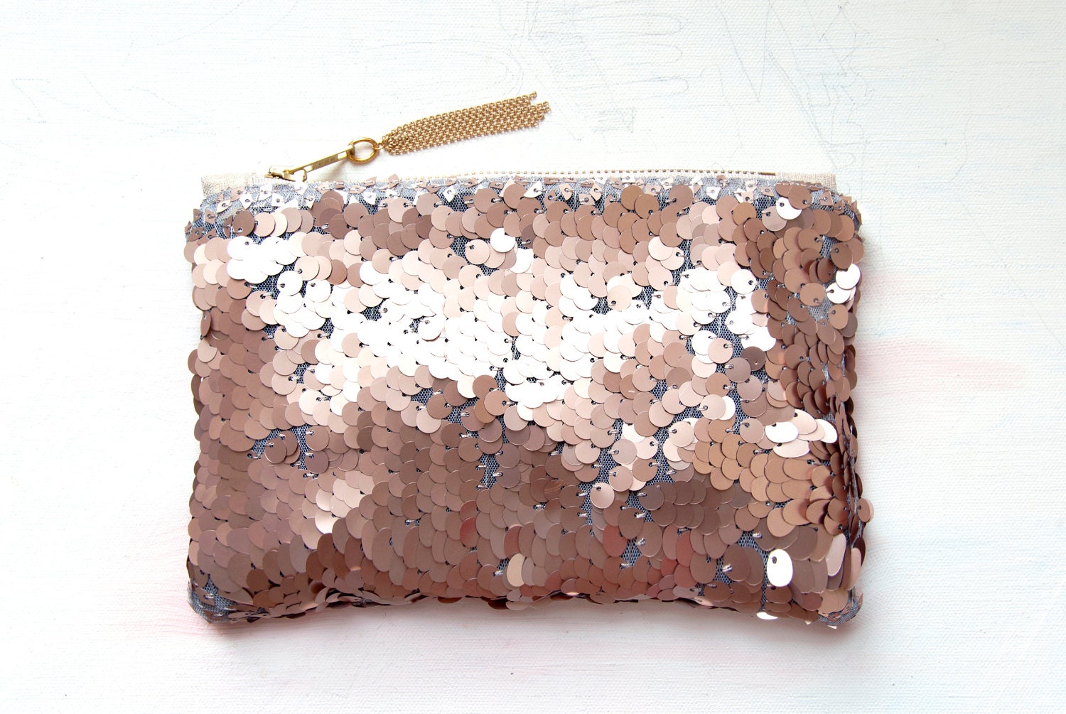 R E S E R V E D For Chelsea R O S E GOLD Sequin Clutch. Neutral Metallic Evening Clutch. Pink Quartz Pouch.