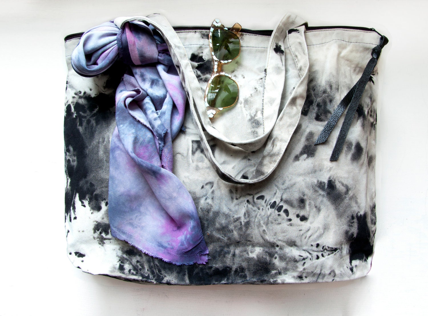 Ready To Ship. B L E A C H BLACK HAND DYED Cotton Tote Bag. Tie Dyed Market tote.