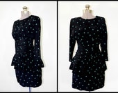 vintage 1980s peplum party dress // black with turquoise polka dot // small
