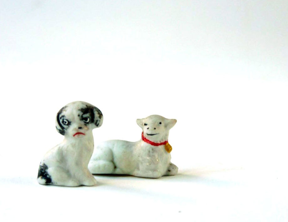 Antique china lamb and china pup, miniature figurines, another odd couple