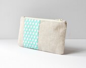 Coin purse wallet: Natural Linen with abstract triangles in aqua blue and white.