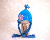 Crochet Baby Girl Hat Aviator Style in Blue with Braids and Purple Felted Flower for Infant Photography