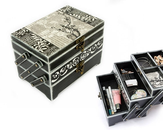 RESERVED for thedemonswithin - OOAK Jewelry Box, Multifunctional Sakura Cherry Tree, Vintage style Black and White Box, oht, tbteam