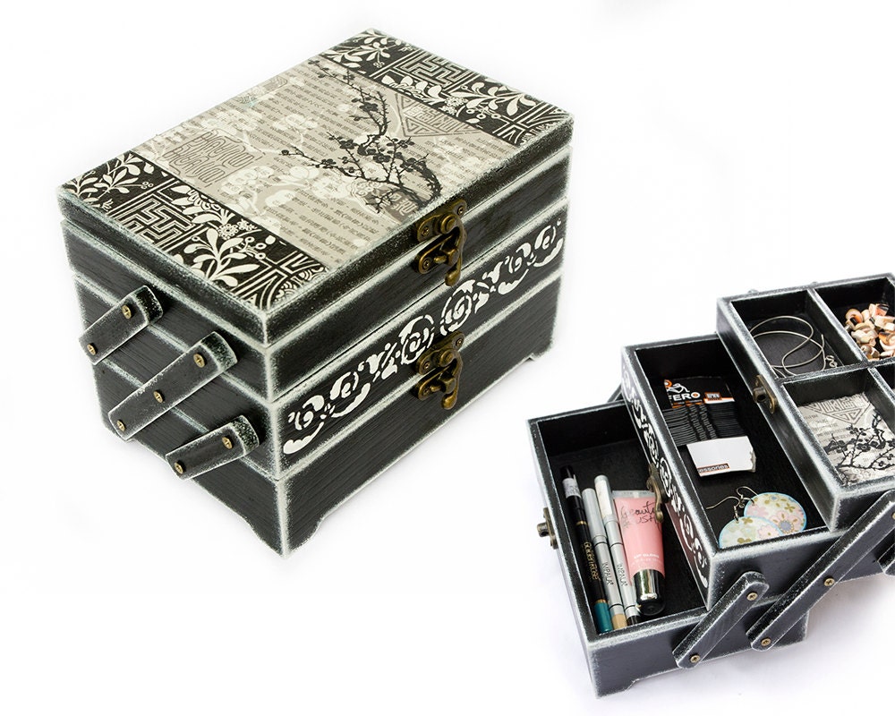 RESERVED for thedemonswithin - OOAK Jewelry Box, Multifunctional Sakura Cherry Tree, Vintage style Black and White Box, oht, tbteam