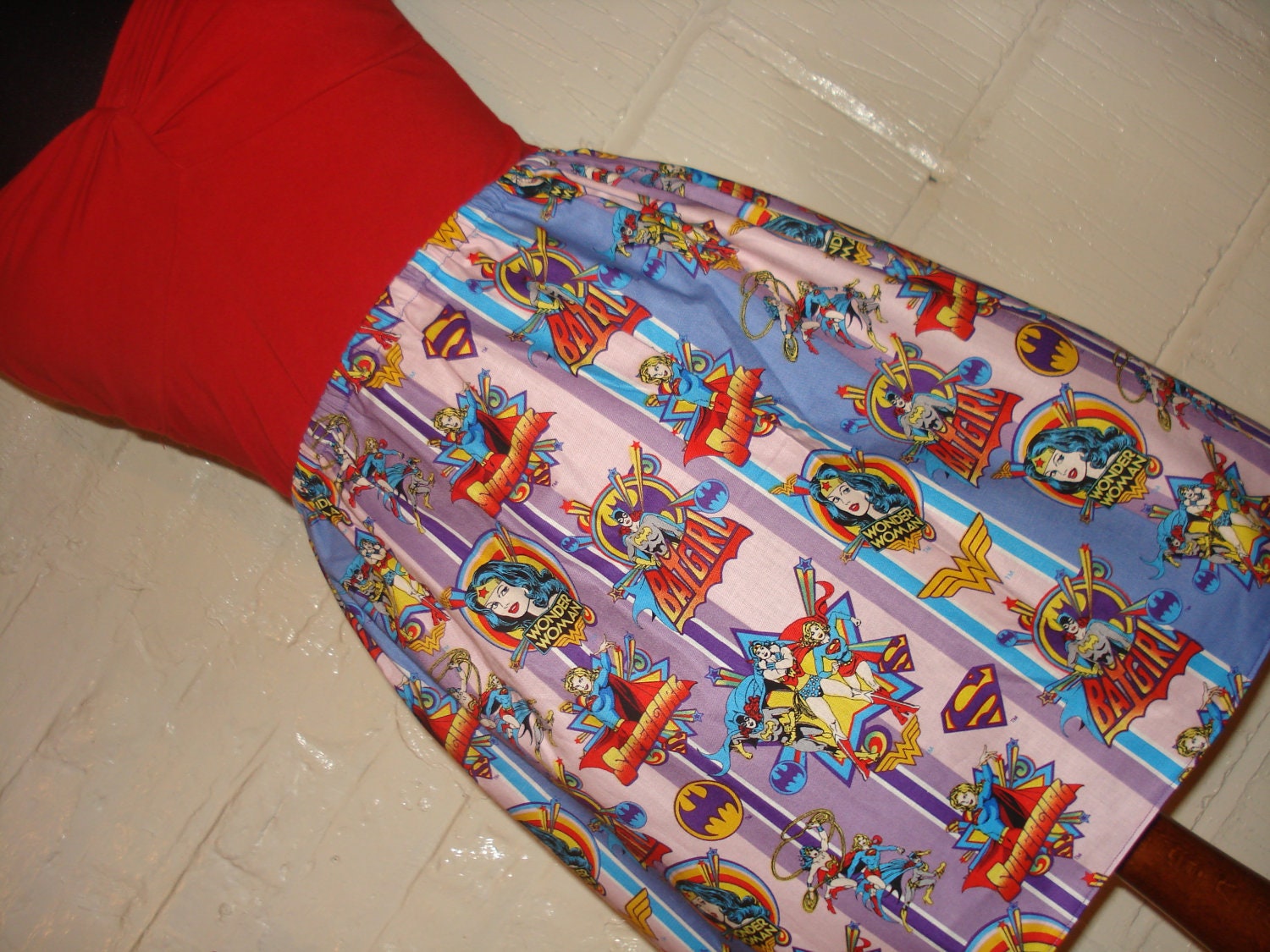Wonder Woman Purple & Pink Stripe Mini Skirt with Batgirl and Supergirl-  High Waisted Ladies - Handmade Ready to ship