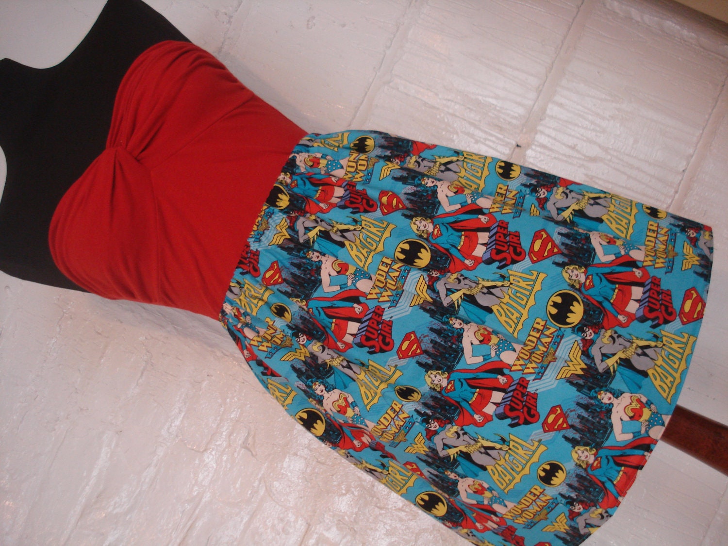Bright Blue Superhero Skirt with Wonder Woman, Super Girl and Bat Girl -  High Waisted Ladies Mini Skirt - Handmade Ready to ship