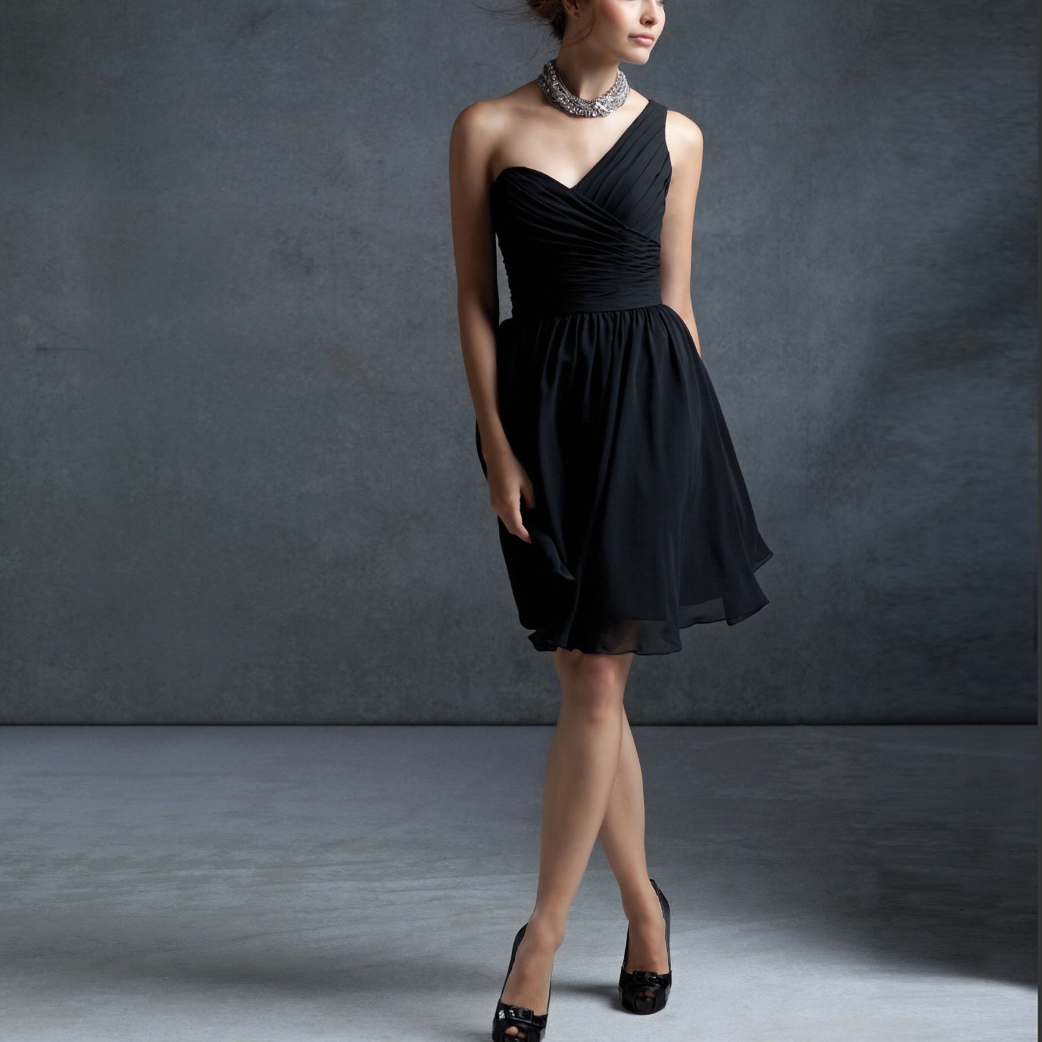 chiffon party dress, black bridesmaid dress, one shoulder formal dress wedding dress (B012 )