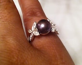 Sterling Black Pearl and White Topaz Ring, Size 6 On sale from 250.00
