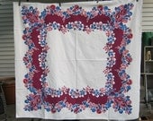 Vintage Fruit Tablecloth Purple & Royal Blue Border Retro 50s