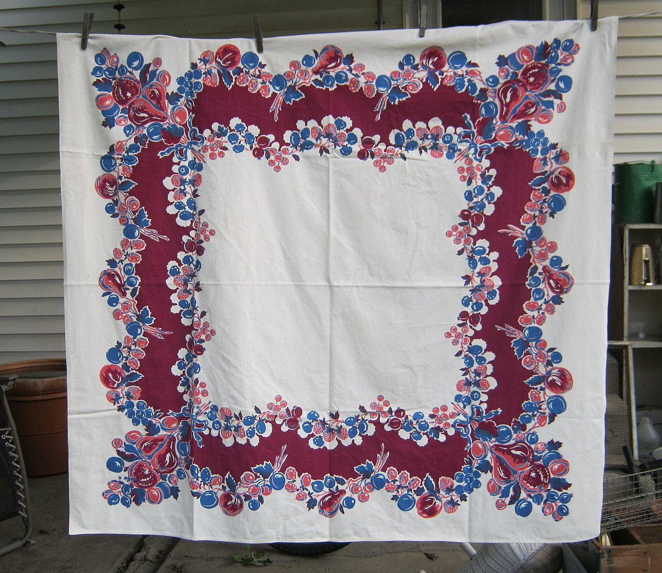 Vintage Fruit Tablecloth Purple & Royal Blue Border Retro 50s