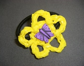 Yellow Plarn Flower Ponytail Holder with Purple Butterfly Button