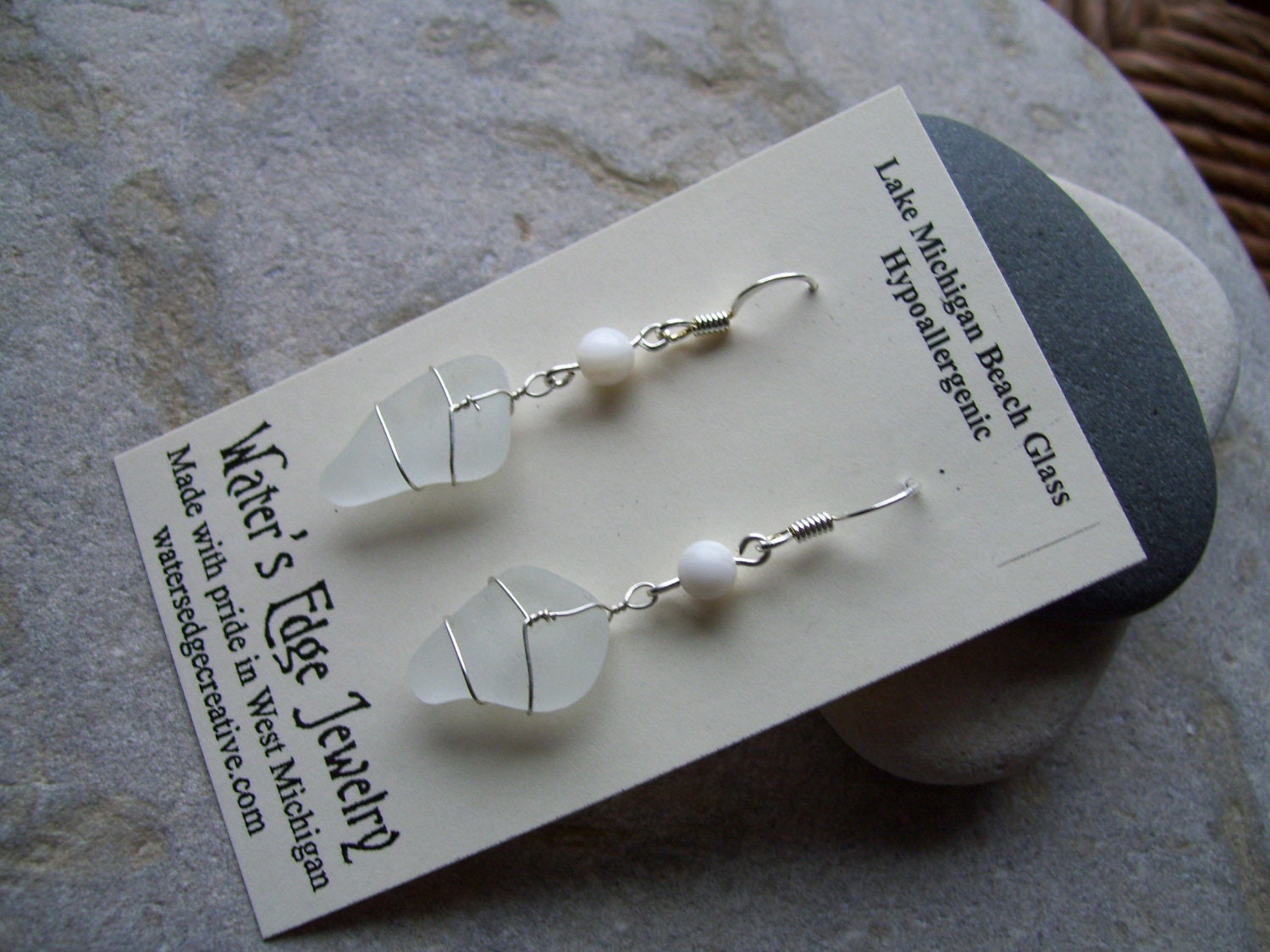 Beach Glass Earrings with Natural Shell Beads - Lake Michigan beach glass