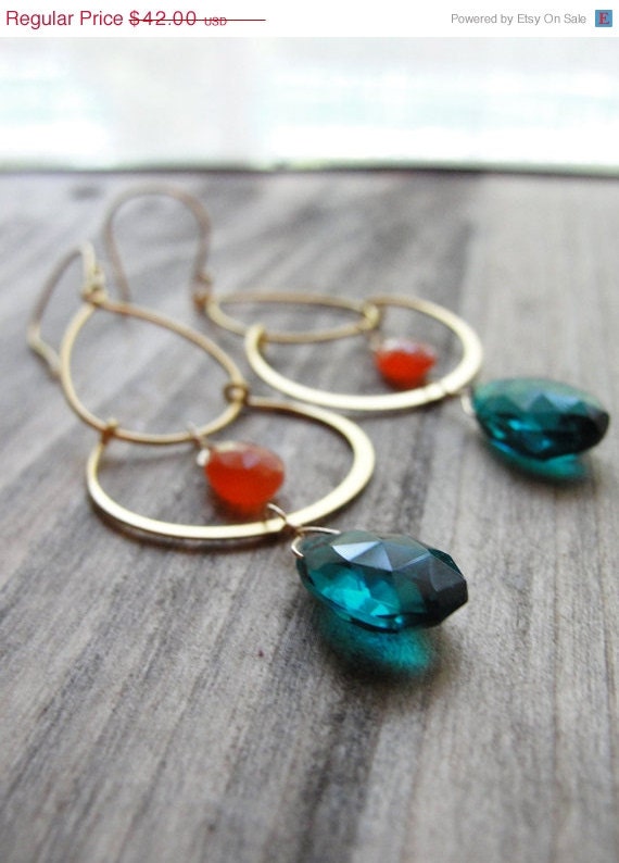 Teal quartz and orange chalcedony - gold chandelier earrings