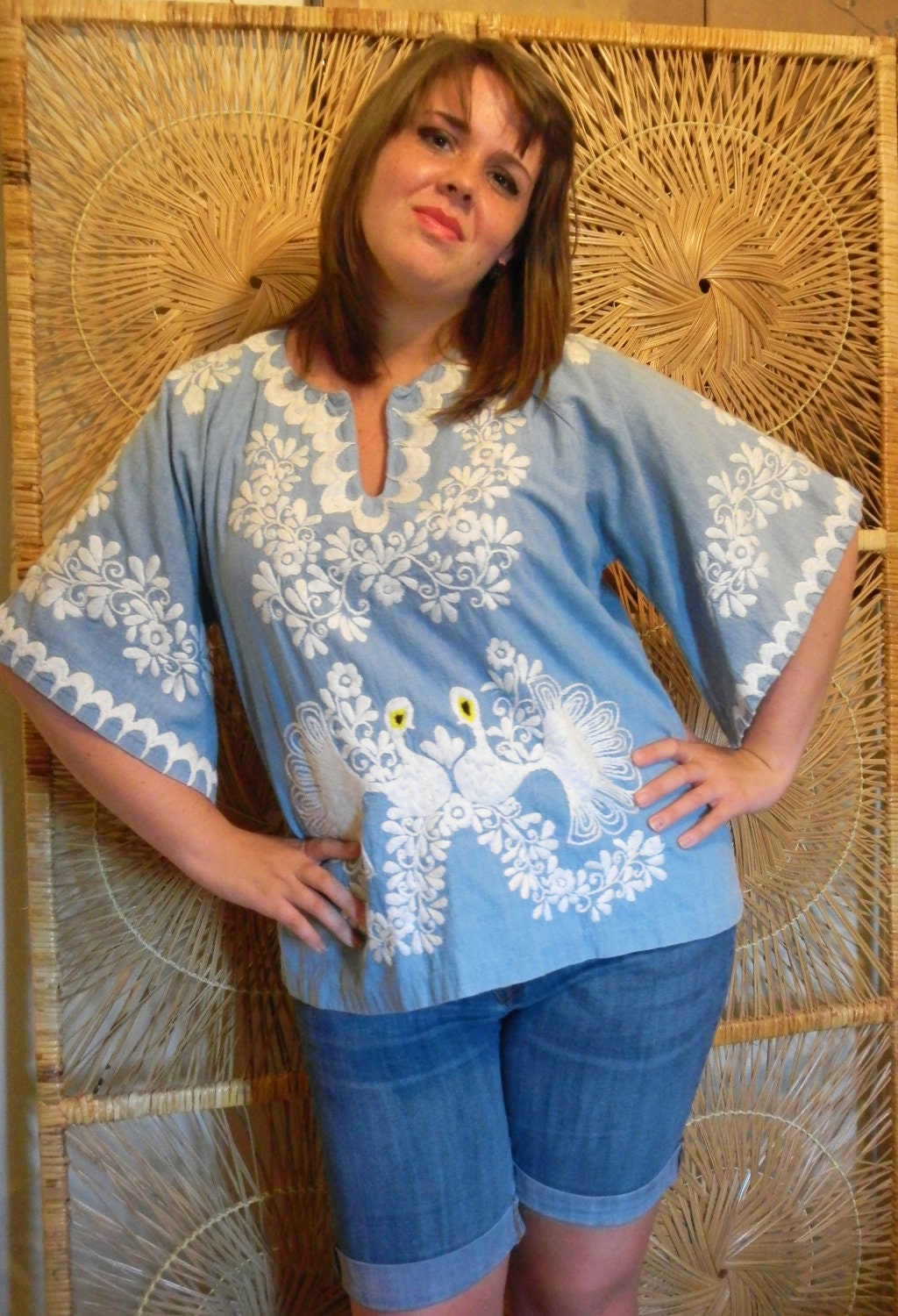 Vintage 1970s Mexican Embroidered Top-Bell Sleeves-Boho Hippie Chic-Plus Size