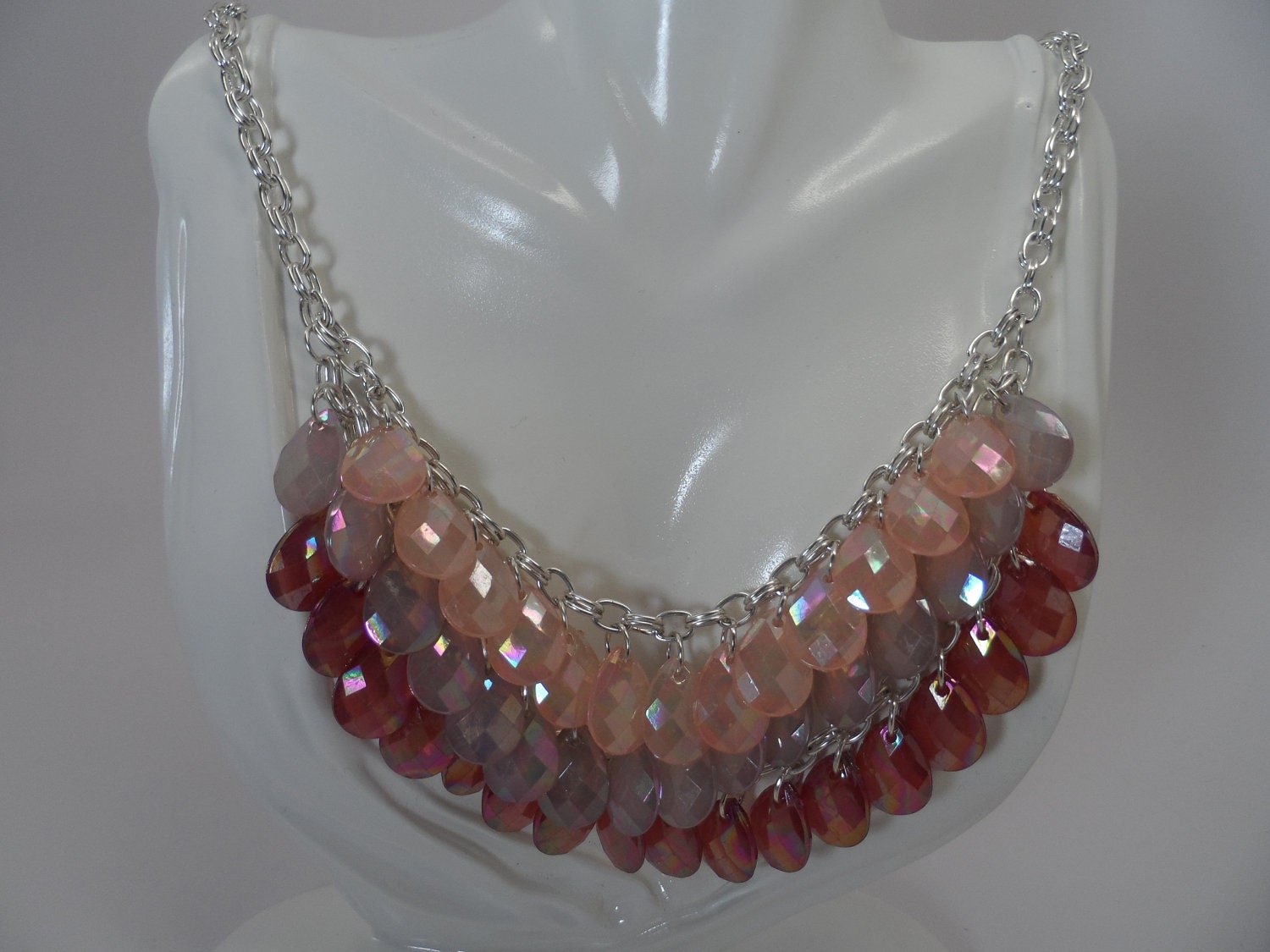 One of kind 3 Layer Tri -tone Pastel Bib Necklace and Earrings /One of a kind Beaded Statement Necklace and Earrings