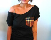 FREE SHIPPING, Off Shoulder Top, Hipster Style, Plaid Pocket, Black Off shoulder Women, Teen girl, Shirt