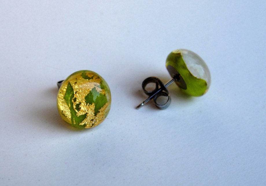 Fused glass earrings lime green studs with 23 kt gold inclusions