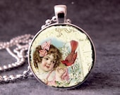 Little Girl Child and Cardinal Bird on Postcard, Photo Pendant, Art Pendant, Glass Dome Pendant, no. 031-34