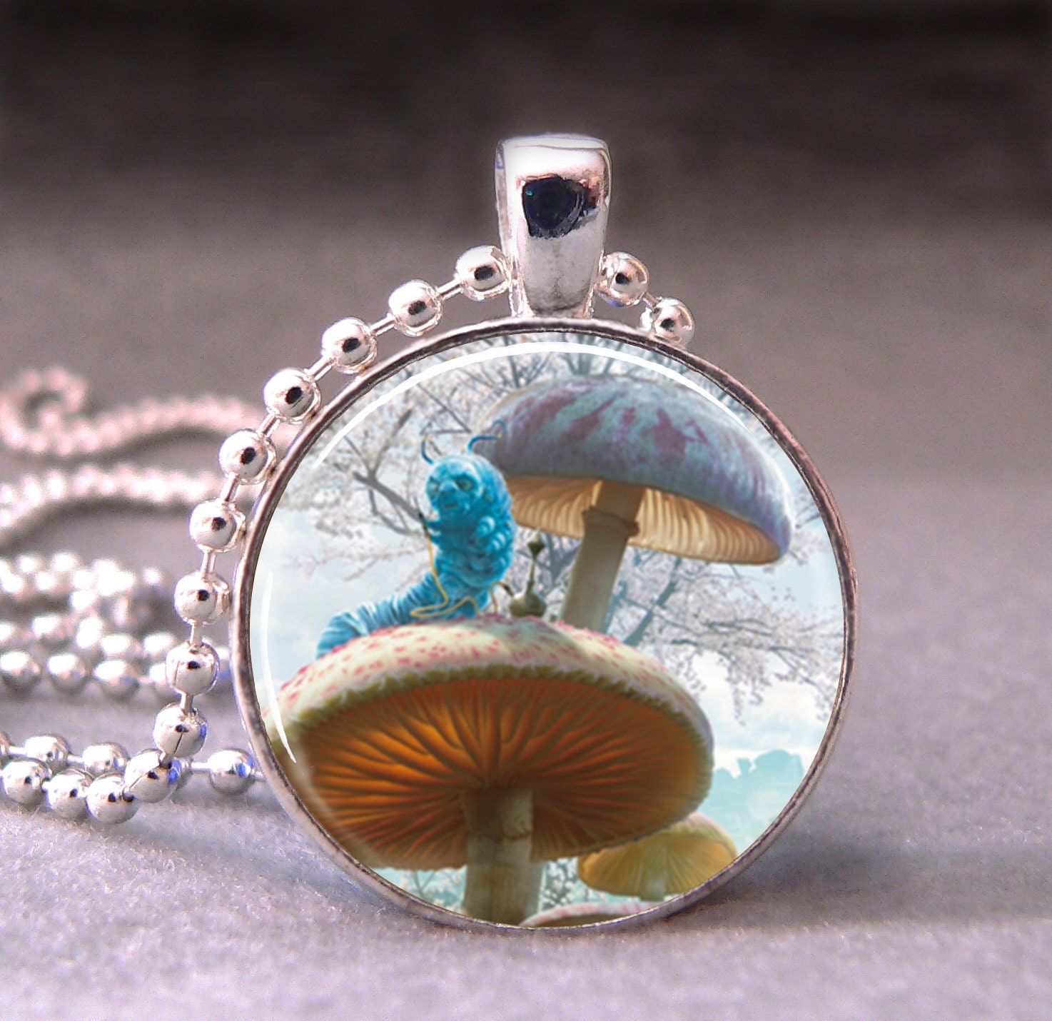 Blue Caterpillar on Mushroom, Alice in Wonderland, Photo Pendant, Altered Art Pendant, Glass Dome Pendant Necklace, no 994-5