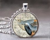 Vintage Bird Altered Art Glass Dome Photo Pendant Necklace with Ball Chain, no. 009-28