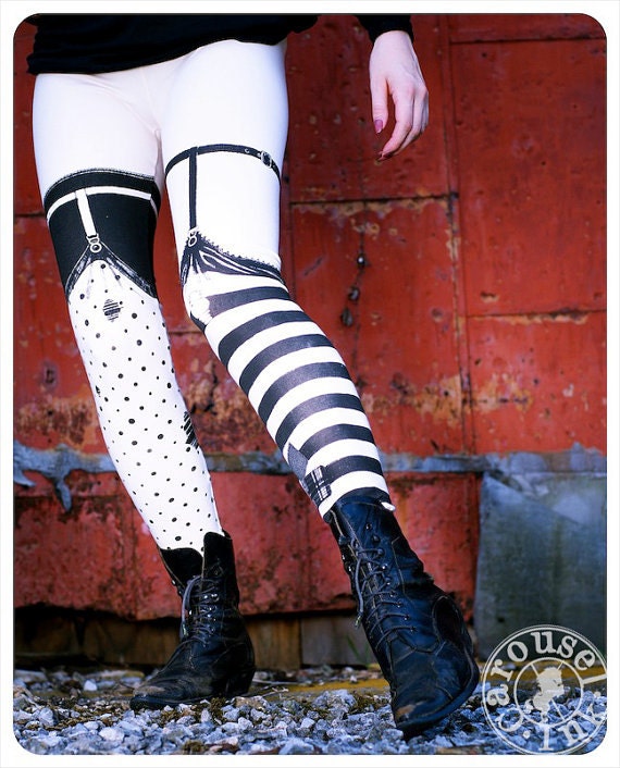 Pippi Leggings - Nude with Black Striped Legging Polka Dot Legging - NUDE - Legging - MEDIUM  Legging Womens Tights