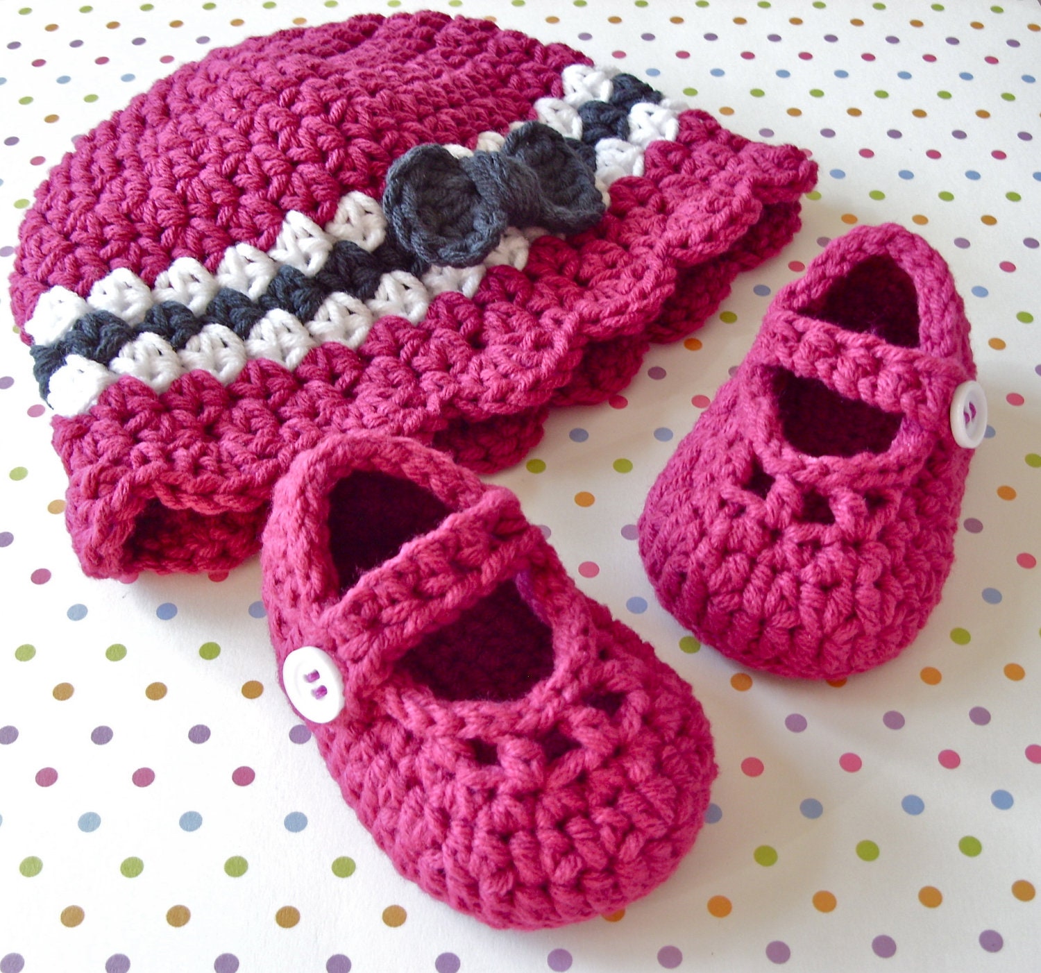 Baby Girl Booties and Hat Set - Modern Crochet Mary Janes - Cloche Cap Bow - Infant  0 to 3 Months - Size 1 Shoe - Gift Boxed
