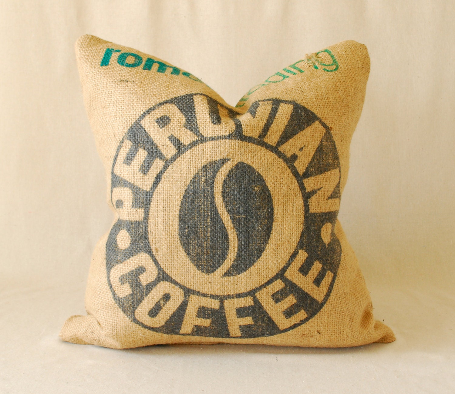 Burlap Pillow Cover Reclaimed Coffee Bag Burlap Peruvian Coffee 24"x24"