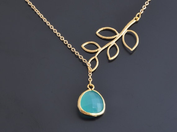 Aqua Blue Glass teardrop and branch yellow gold neckalce