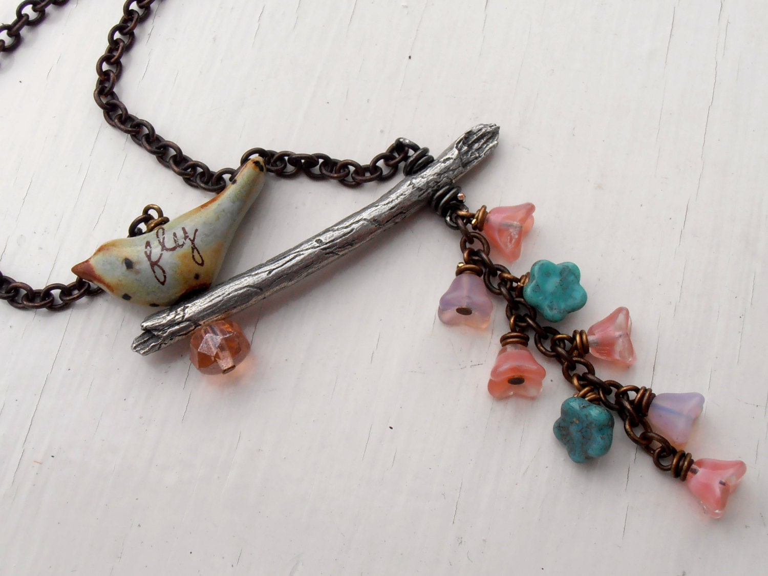 Perched - handmade necklace, chain necklace, bead necklace, bird jewelry, delicate jewelry, cherry blossom jewellery