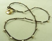 Tiny pearls - beaded crochet necklace - Boho style - Delicate, feminine, simple statement, creamy white with dark brown.