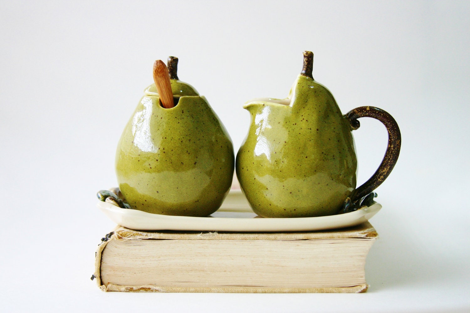 Porcelain Sugar and Creamer Set - Pears Handmade Sculptures - Kitchen Table Home Decor - OOAK Olive Green and French Cream
