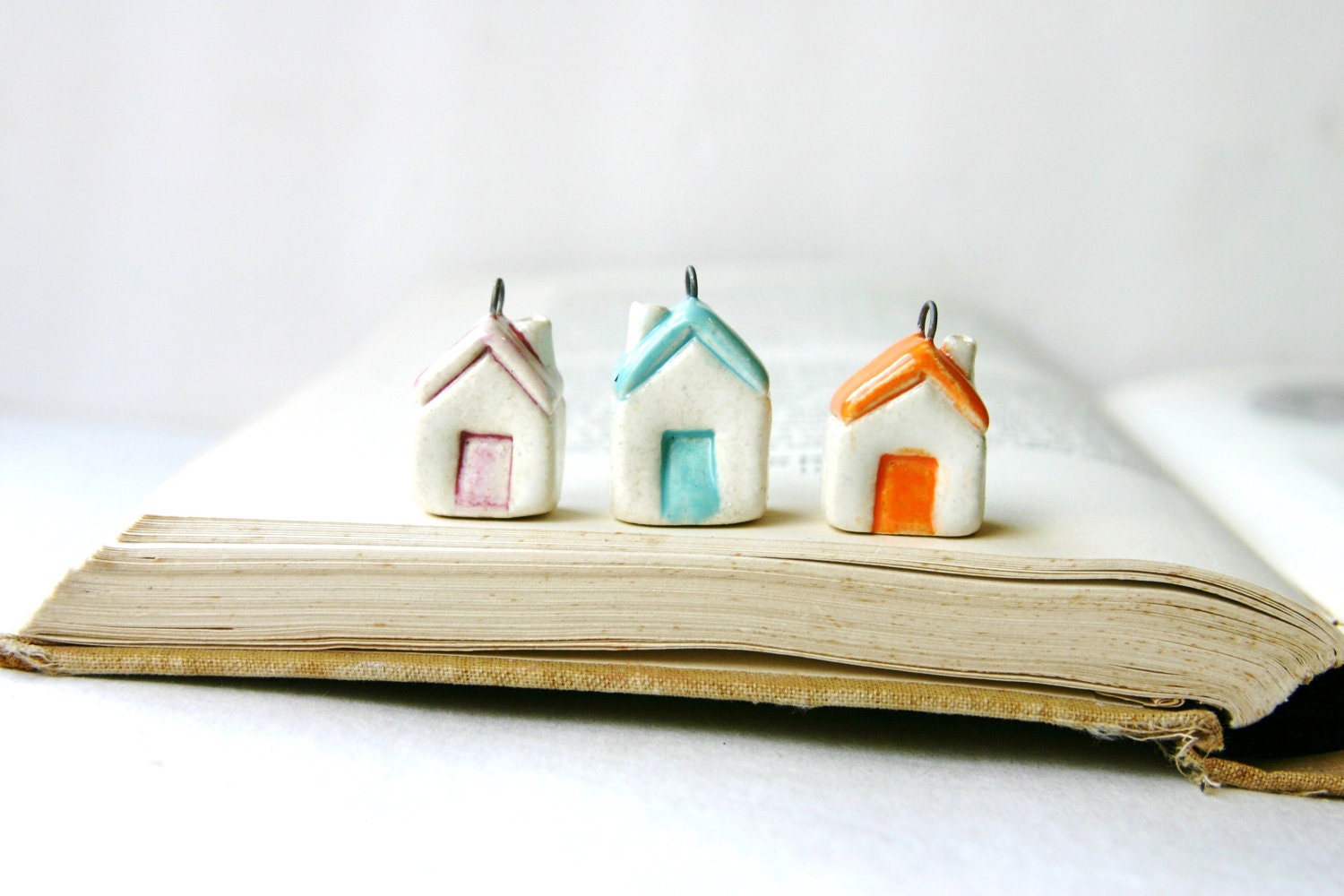 Tiny House Charm Pendant - Miniature Ceramic Cottage in Aqua Orange or Berry Pink - One