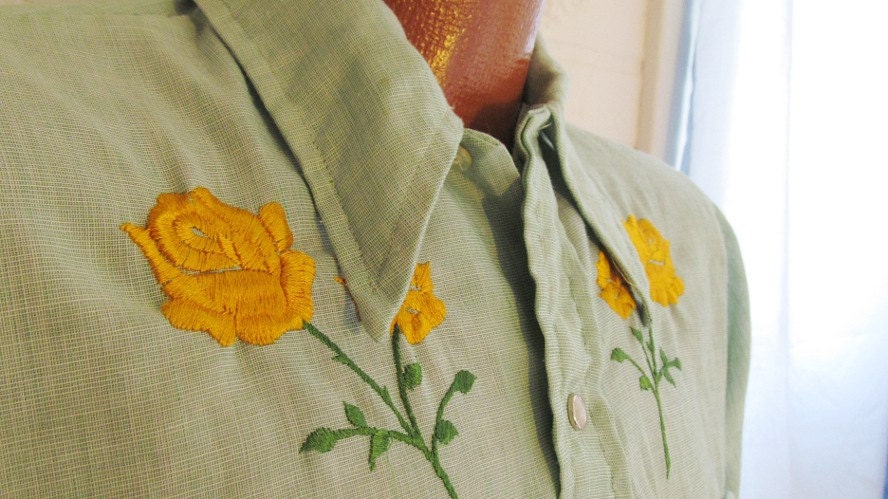 Vintage Rockabilly Cowboy Shirt Green with Yellow Roses Mens Womens Unisex