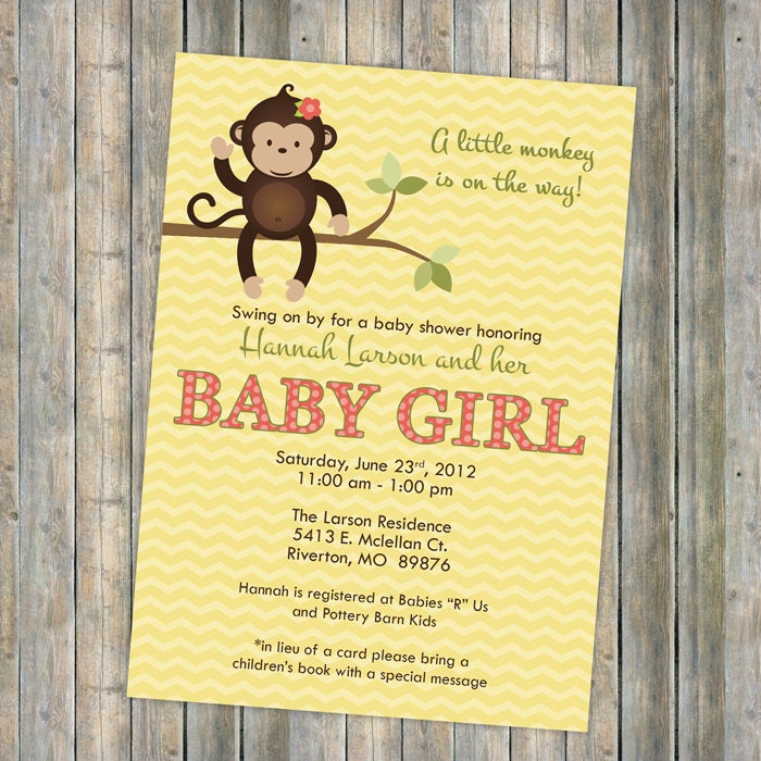 little girl monkey baby shower invitations, baby shower invitation with monkey, Digital, Printable file