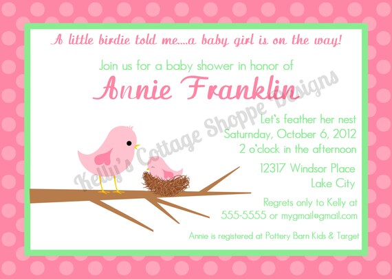 Little Birdie Baby Shower Invitation- Pink.... Custom, Printable, Digital Il_570xn